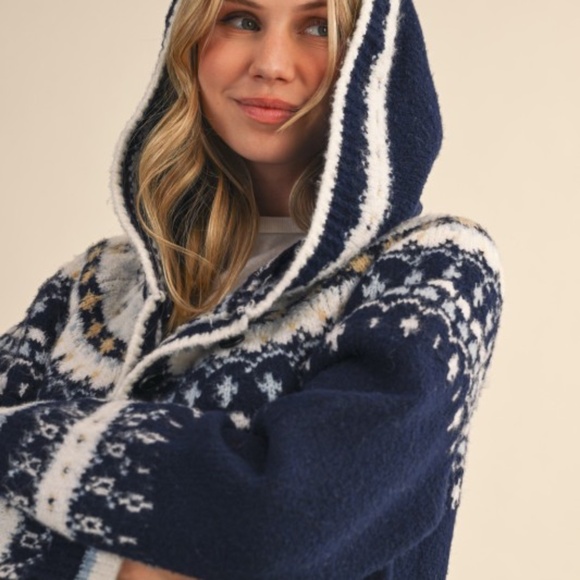 Navy Nordic Soft Button Down Knit Hooded Winter Cardigan Sweater Jacket - Picture 3 of 5